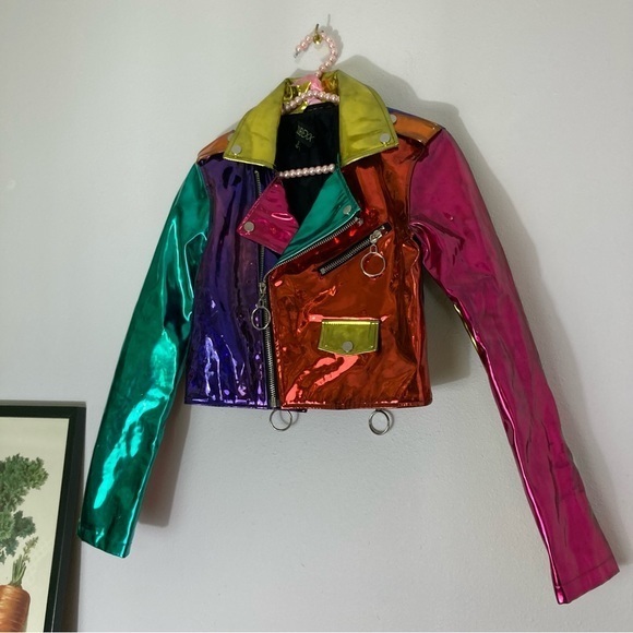 Dolls Kill Jackets & Blazers - Club Exx rainbow faux leather cropped moto jacket size S